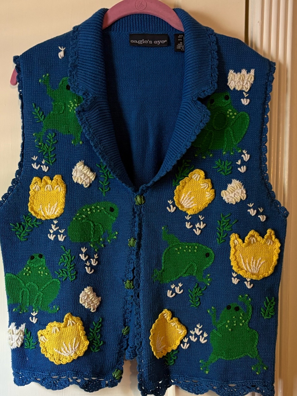 AUTHENTIC VINTAGE GRANDMA Blue Knit Vest w/Green Frog & Yellow Flower Embroidery - Picture 1 of 4